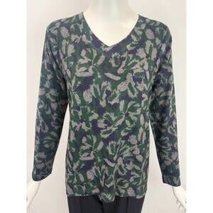 NEW NALLY & MILLIE women's abstract floral v-neck long sleeve top in green & nav
